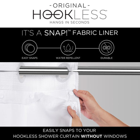 Hookless snap-in liner corner with magnet demonstrating splash protection benefit
