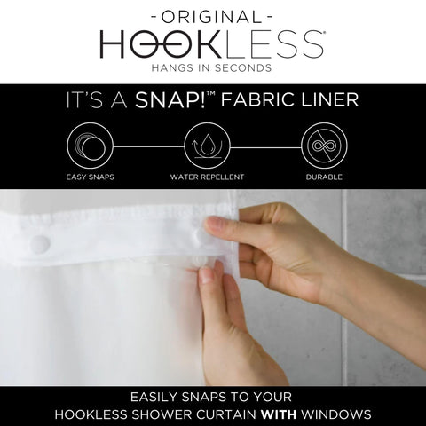 Hookless snap-in liner close-up showing secure attachment and water-repellence benefit