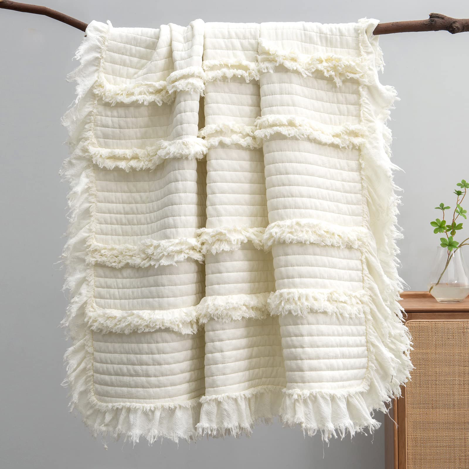 HORIMOTE HOME cream throw front view showing quilted pattern and cozy look