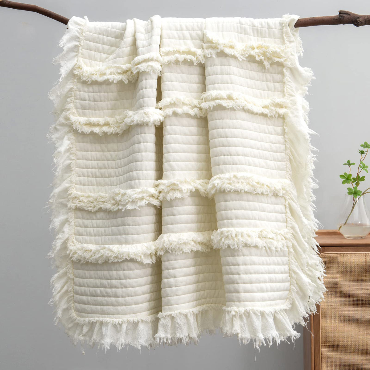 HORIMOTE HOME cream throw front view showing quilted pattern and cozy look