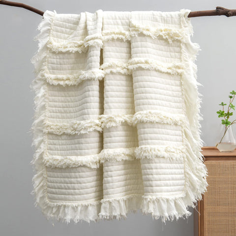 HORIMOTE HOME cream throw front view showing quilted pattern and cozy look