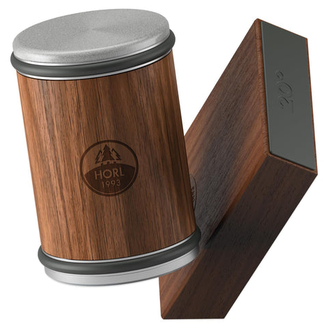 HORL walnut front view showing compact sharpener and elegant wood finish for durable use