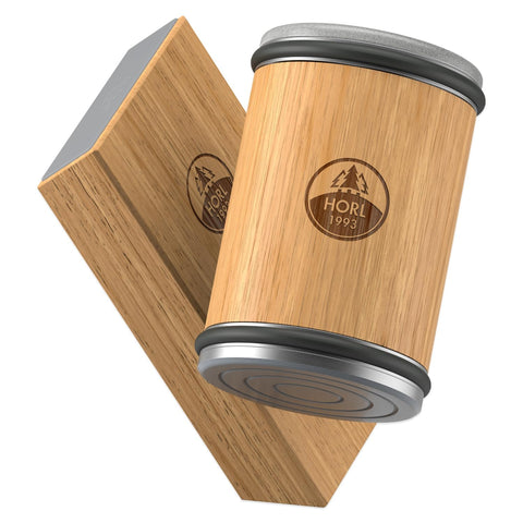 HORL2 oak front view showing compact rolling sharpener and oak handle for precise control