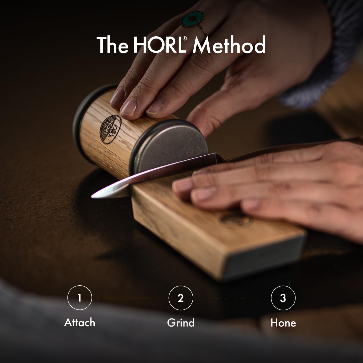 HORL2 size scale comparison beside chef's knife illustrating compact footprint and portability
