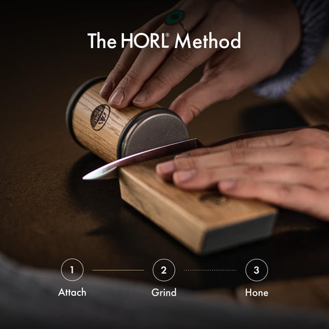 HORL2 size scale comparison beside chef's knife illustrating compact footprint and portability