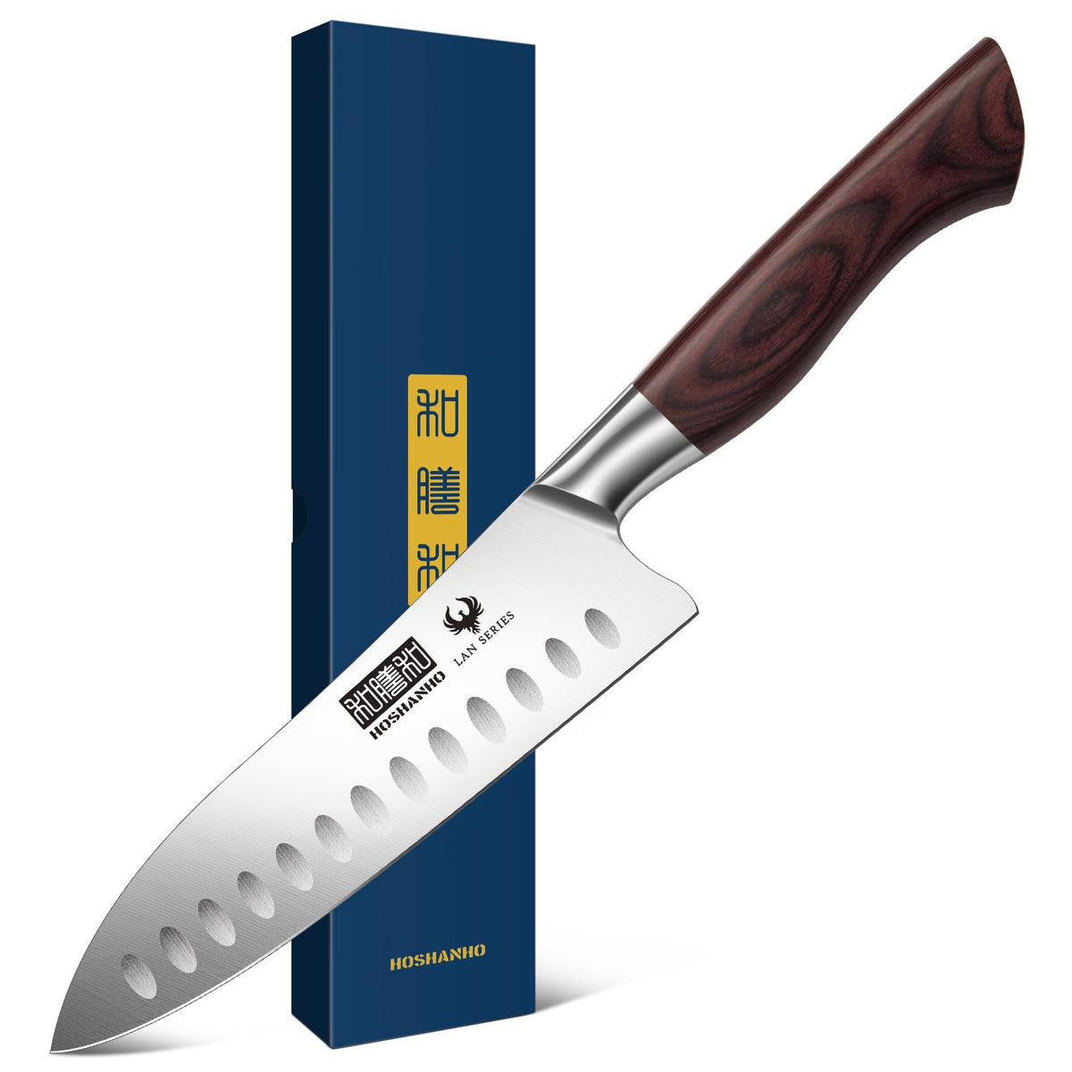 HOSHANHO 7" Santoku front view showing full blade and handle for balanced control