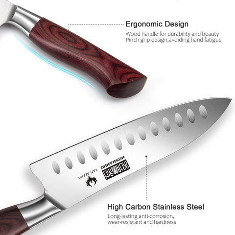 HOSHANHO blade with granton grooves to reduce sticking and promote cleaner slicing