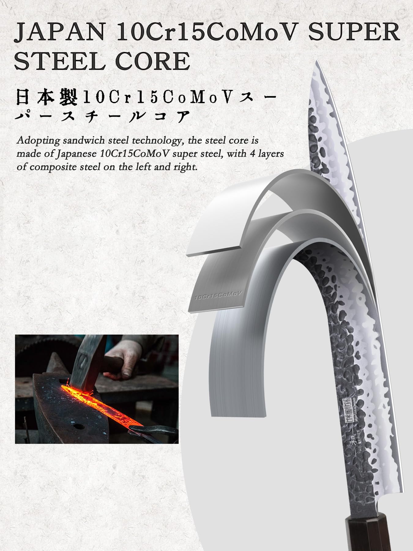 HOSHANHO blade close-up showcasing hand-polished edge and layered steel for sharpness