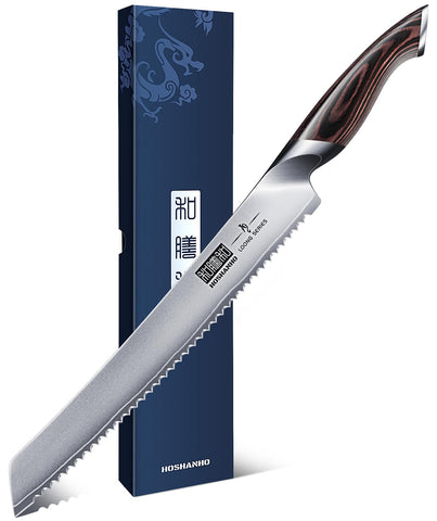 HOSHANHO bread knife front view showing full 10-inch blade and profile for accurate slicing