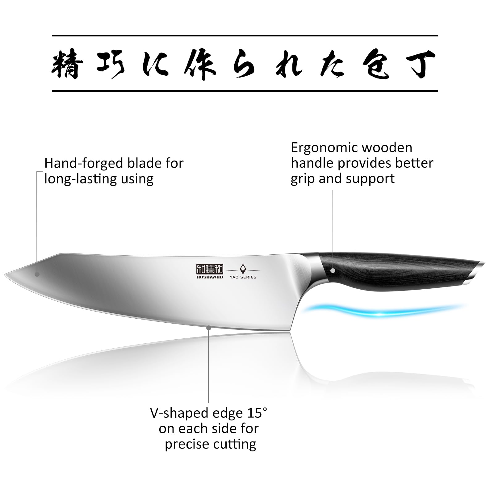 HOSHANHO close-up of chef knife edge highlighting razor-sharp 15° bevel for clean cuts
