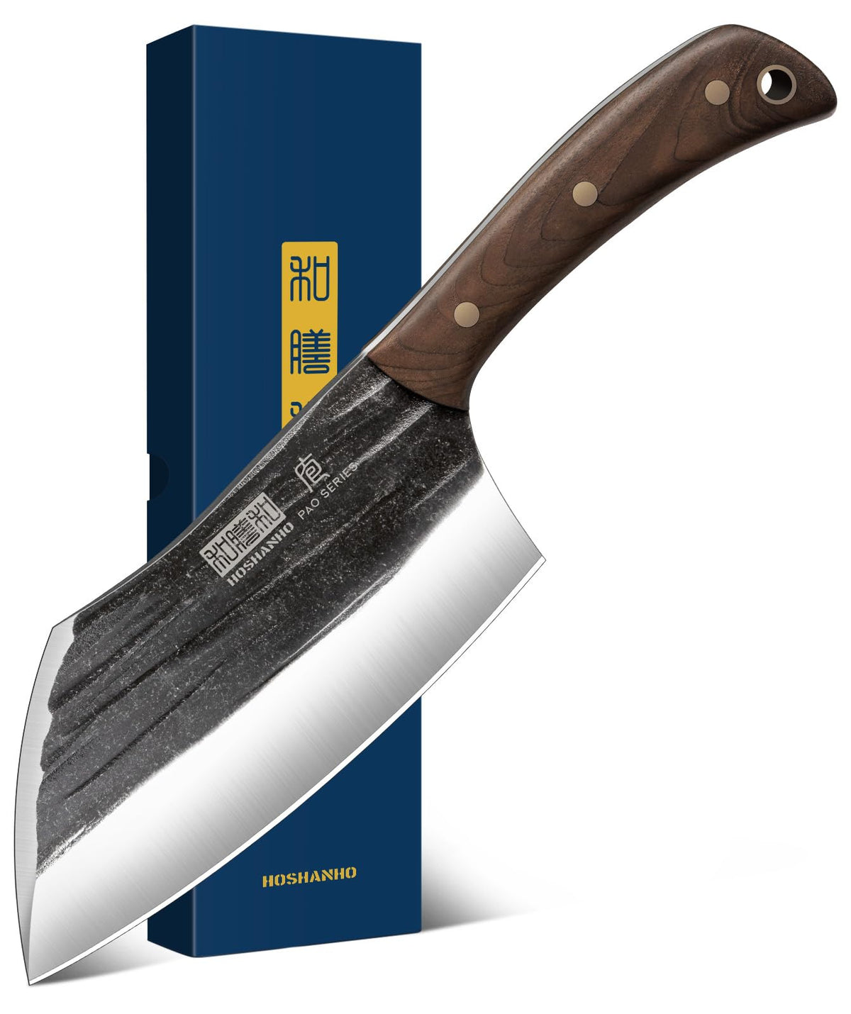 HOSHANHO cleaver front view showing blade profile and balanced design benefit