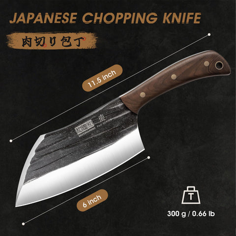 HOSHANHO cleaver handle detail showing walnut grip and comfortable secure hold benefit