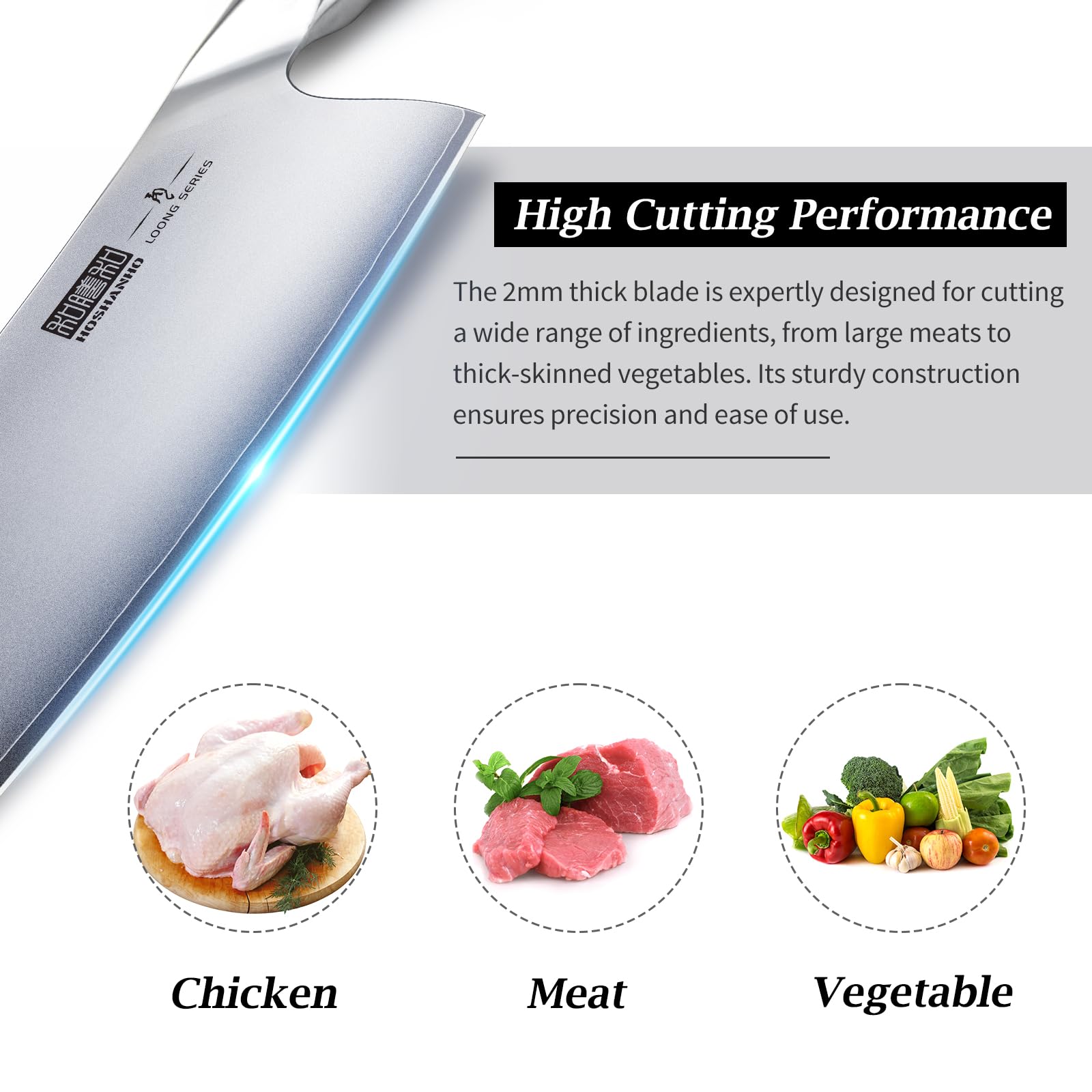 HOSHANHO cleaver slicing vegetables to show clean, even cuts quickly