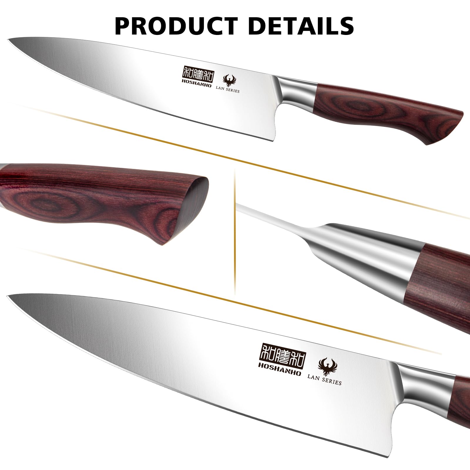 HOSHANHO blade close-up showing sandblasted finish for less food sticking and rust resistance