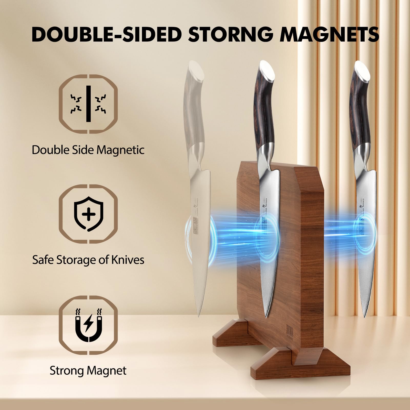 HOSHANHO close-up of magnetic strip holding knives for secure organization