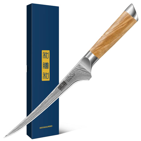 HOSHANHO front view of 7-inch Damascus fillet blade showing balance and precision