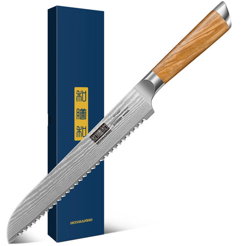 HOSHANHO front view of Damascus bread knife shows precise serration and elegant finish