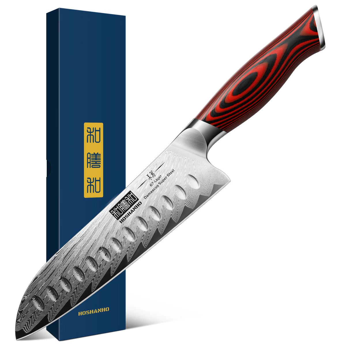 HOSHANHO front view showing full Damascus Santoku blade and balanced profile benefit