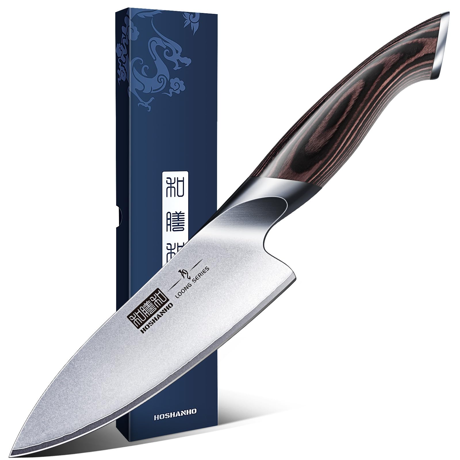 HOSHANHO front packaging showing compact 6" chef knife and box, presentable gift