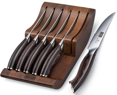 HOSHANHO front view showing six knives and block, organized and ready