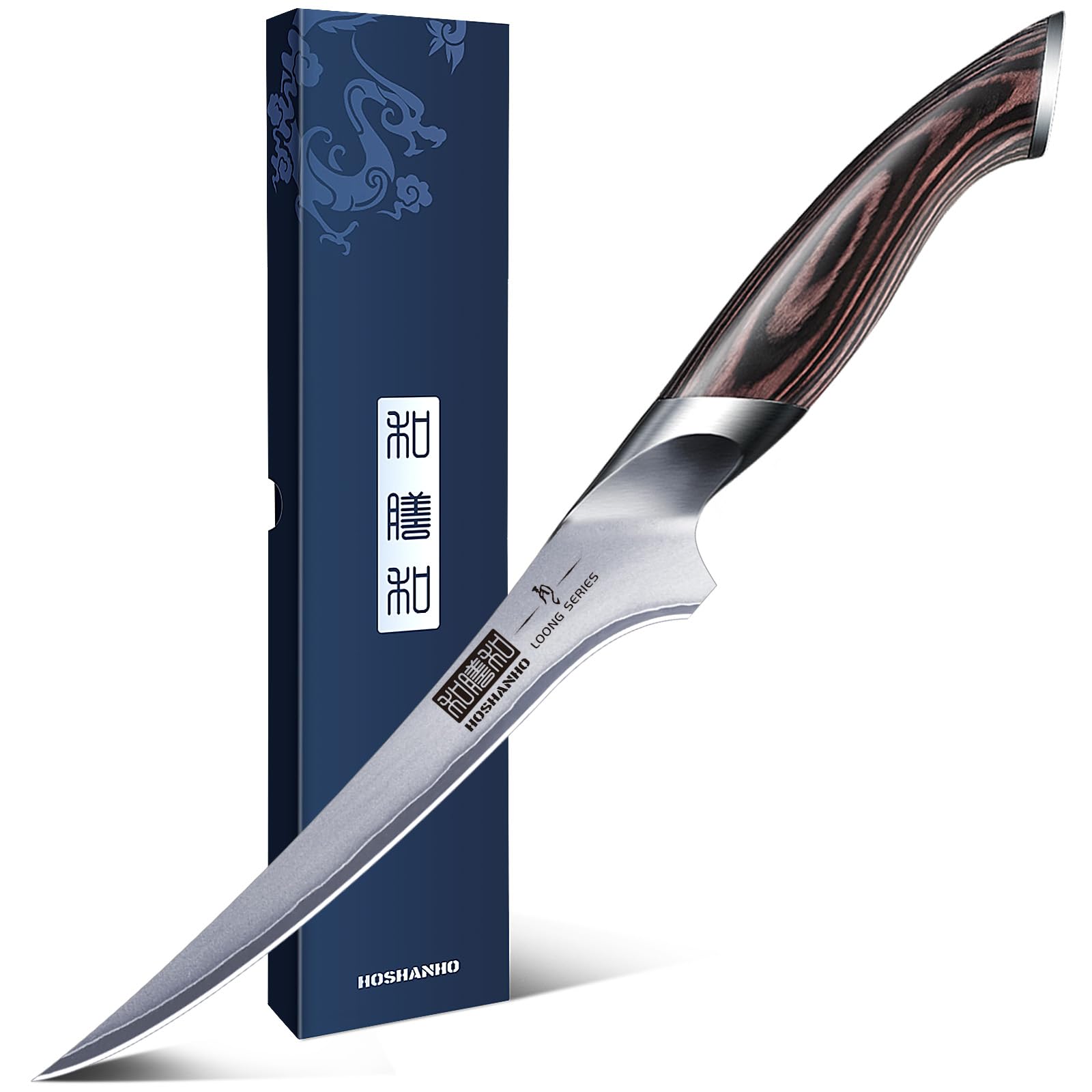 HOSHANHO fillet knife front packaging showing sharp blade benefit precision