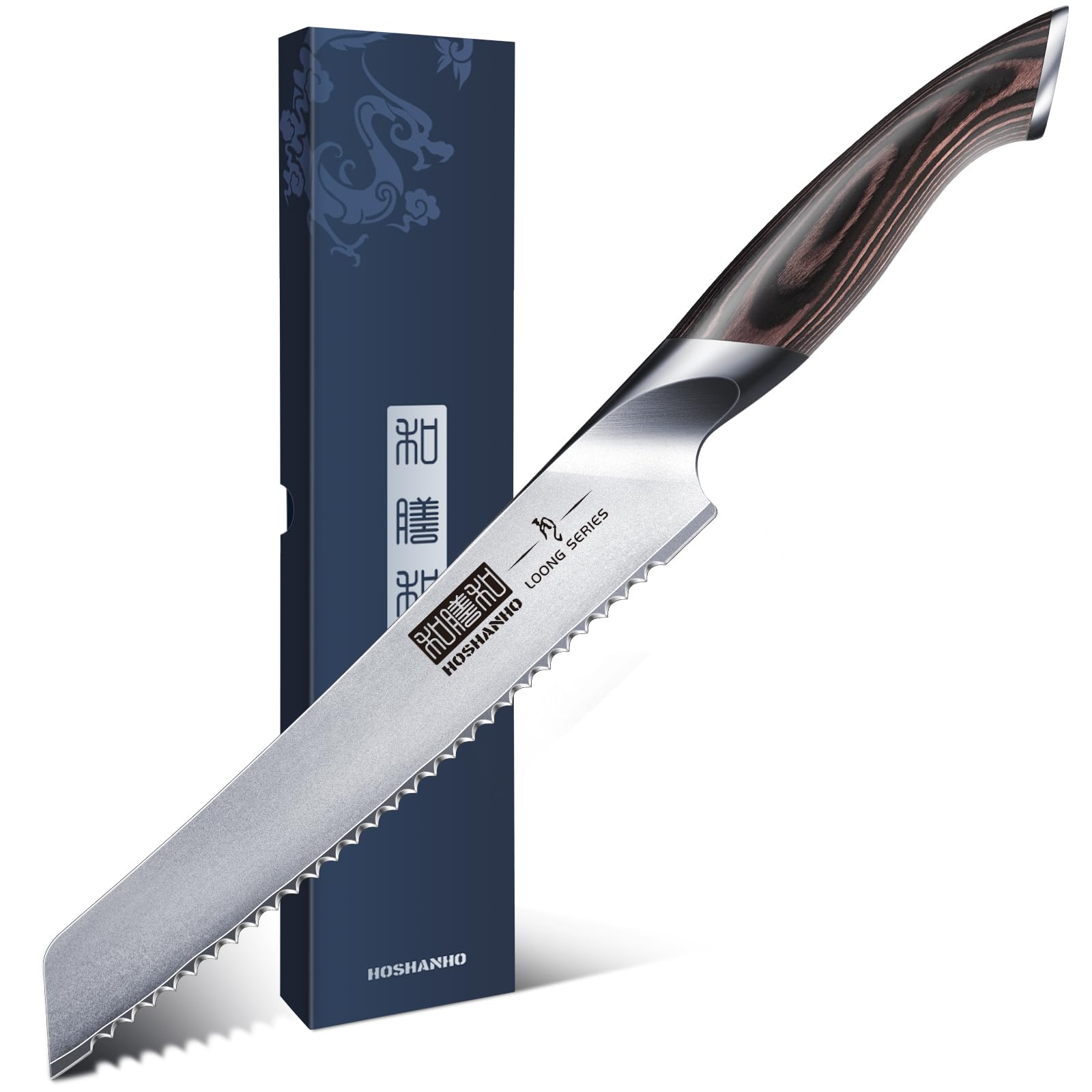 HOSHANHO bread knife front packaging showing stainless steel blade benefit durable performance