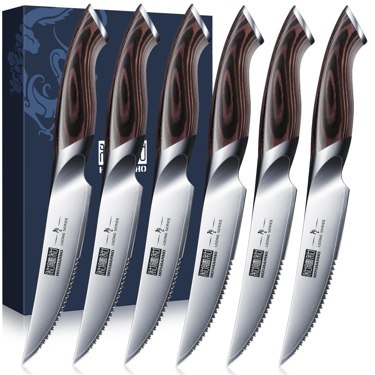 HOSHANHO front packaging showing six steak knives and set benefit
