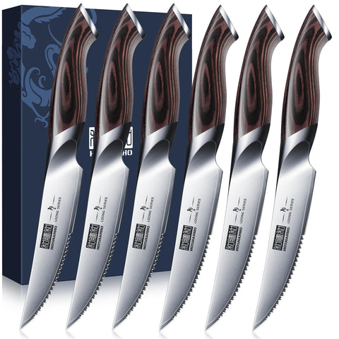 HOSHANHO front packaging showing six steak knives and set benefit