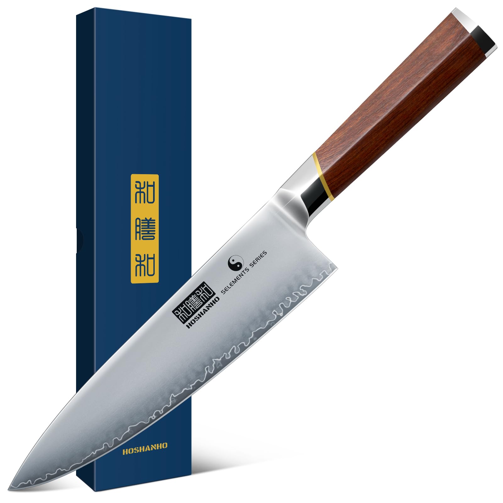 HOSHANHO front view of 8-inch chef knife showing full blade and handle benefit precise control