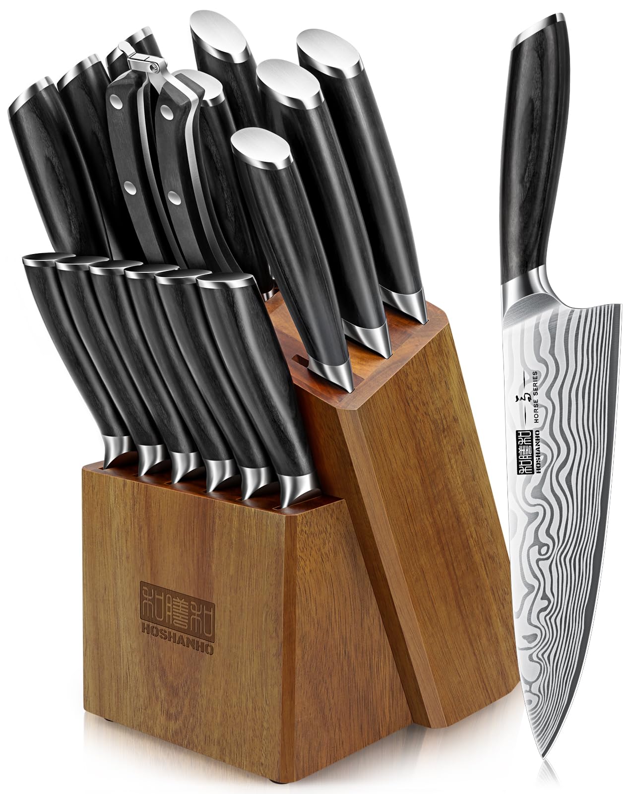 HOSHANHO front view of block and full 16-piece set for organized storage