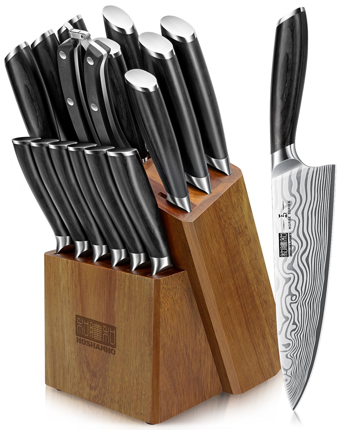 HOSHANHO front view of block and full 16-piece set for organized storage