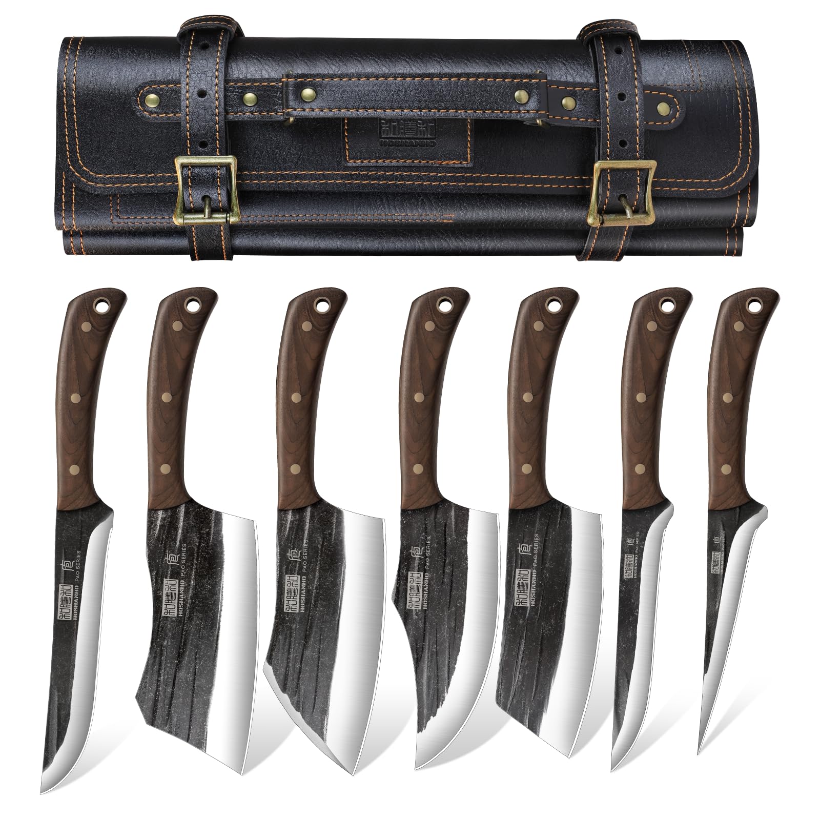 HOSHANHO front view of full knife set in roll bag showing organized storage and portability