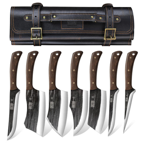 HOSHANHO front view of full knife set in roll bag showing organized storage and portability