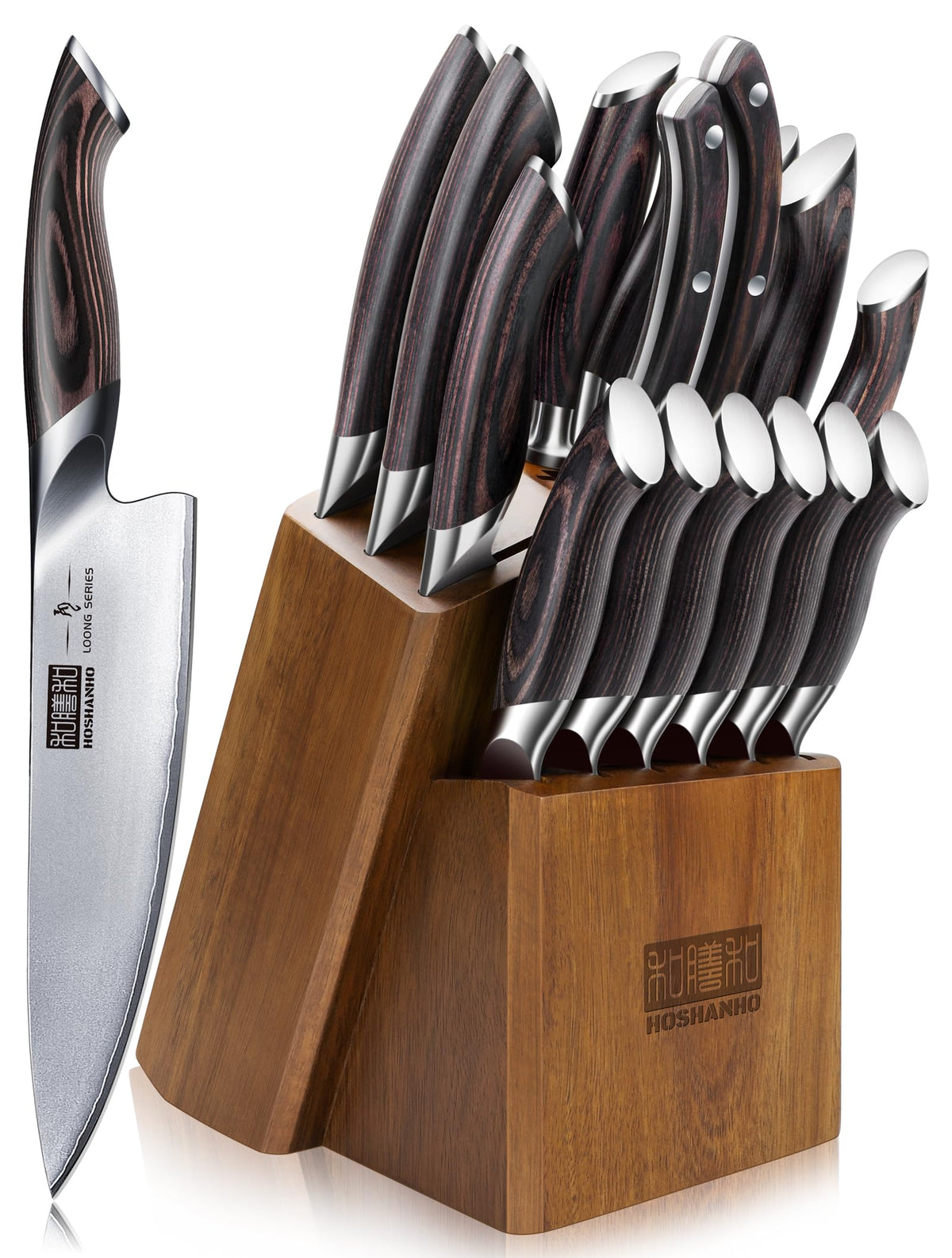 HOSHANHO front view with block showing full 16-piece set and organized storage benefit