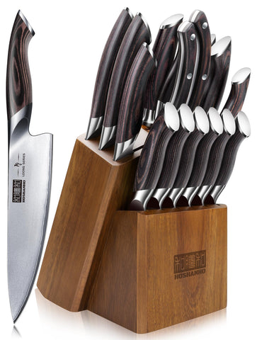HOSHANHO front view with block showing full 16-piece set and organized storage benefit