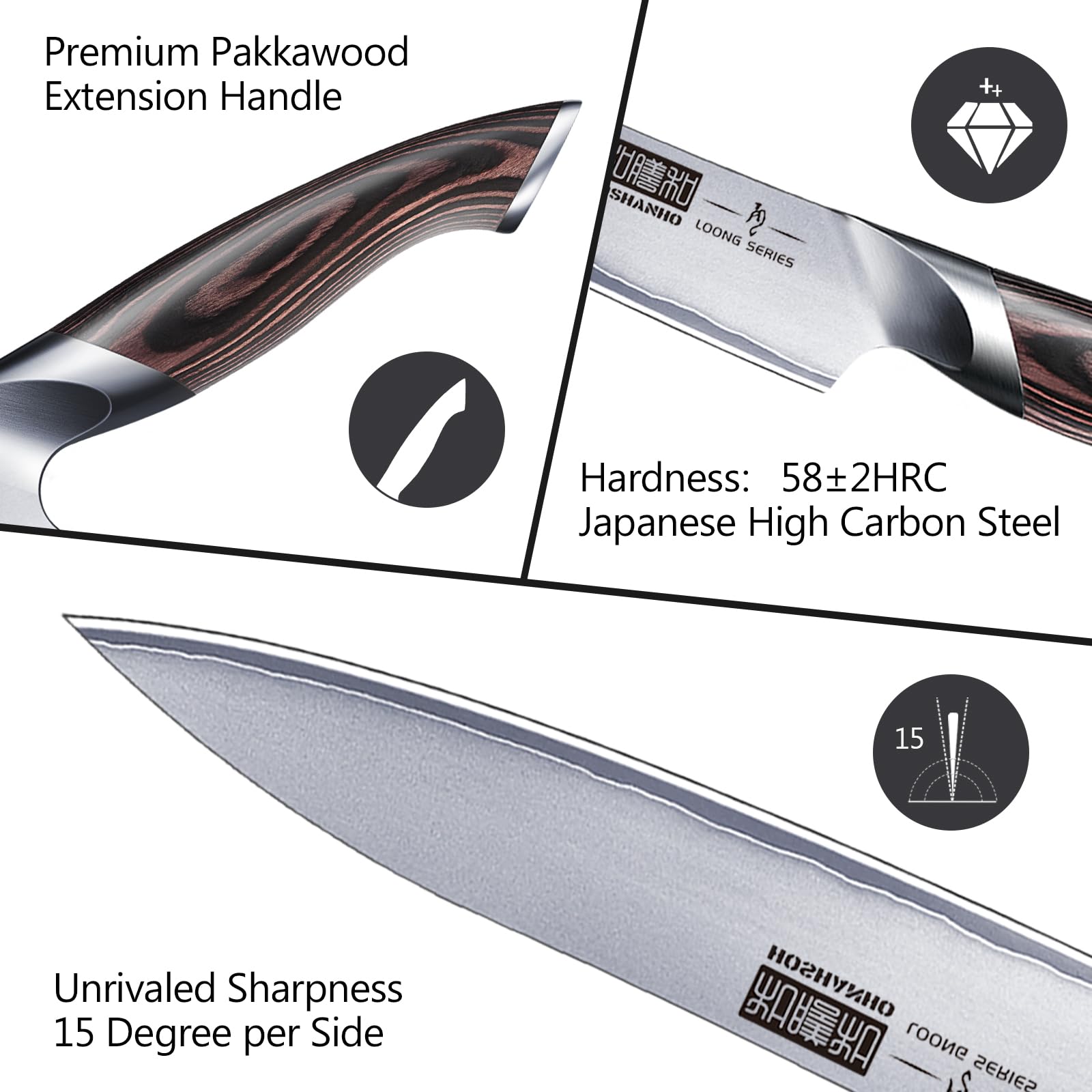 HOSHANHO pakkawood handle wood grain detail for durable comfortable grip