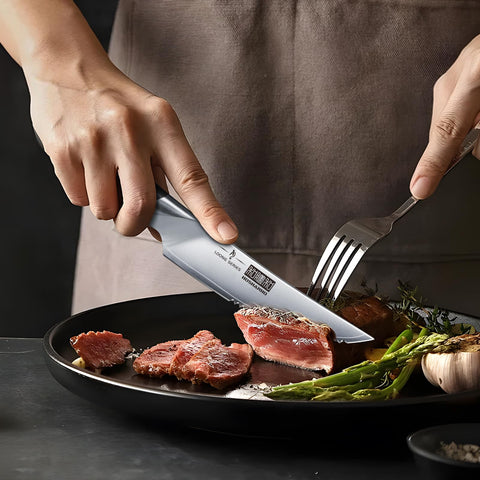 HOSHANHO knife slicing steak at table for precise cuts