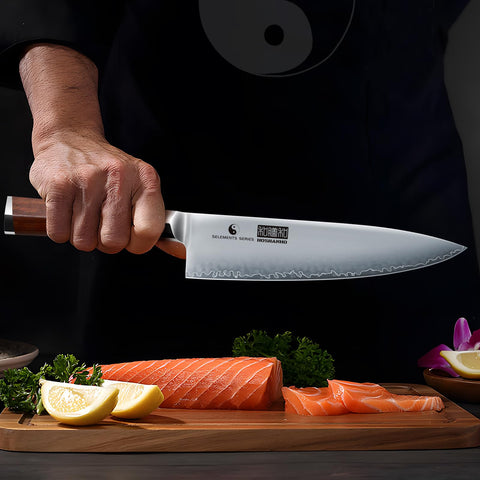 HOSHANHO knife in use chopping vegetables showcasing balanced motion and speed benefit