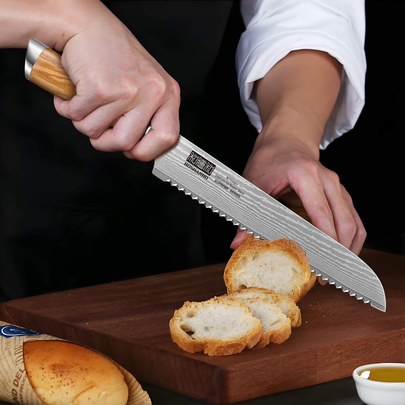 HOSHANHO slicing sourdough loaf showing even clean slices without crushing