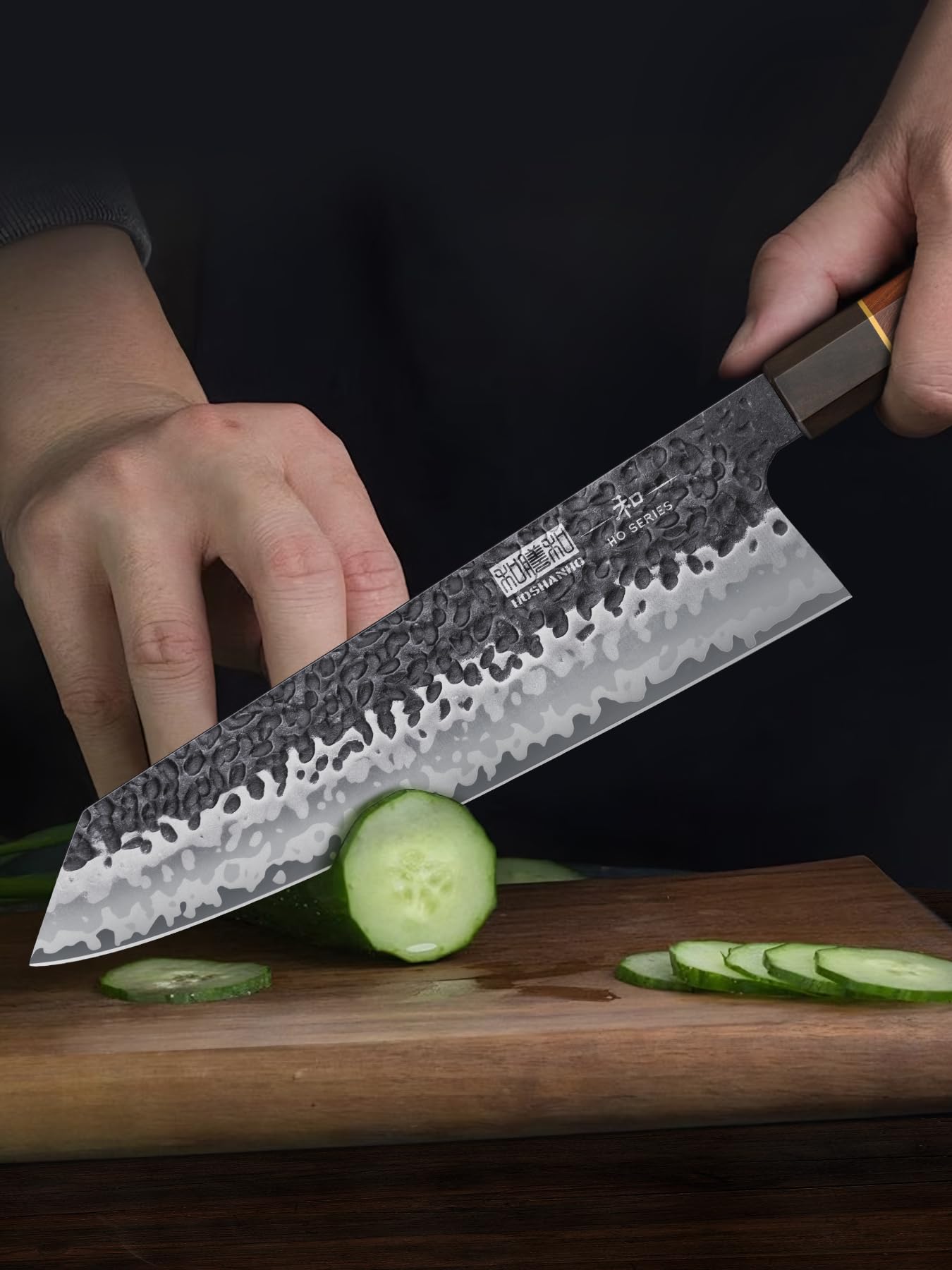 HOSHANHO chef knife slicing salmon to show effortless, clean slices for cooking benefit