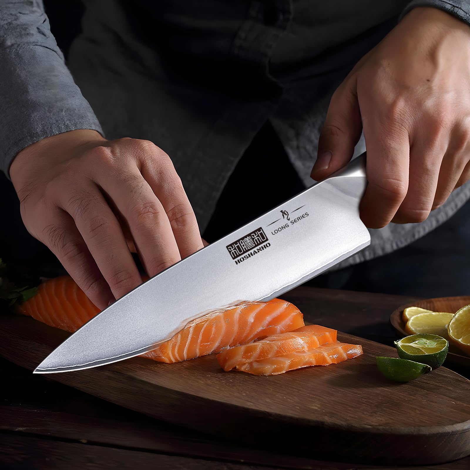 HOSHANHO chef knife slicing salmon to show clean cuts and preserved texture