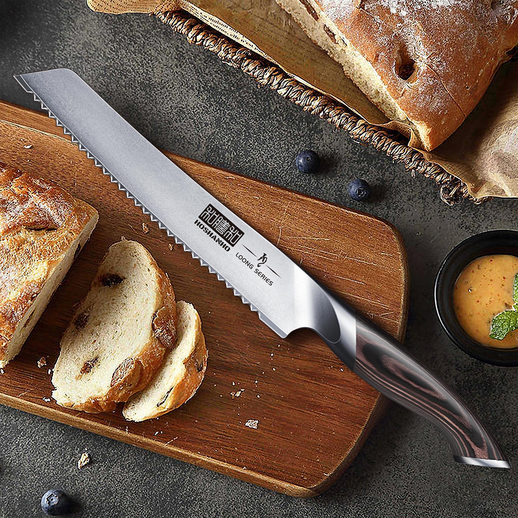 HOSHANHO knife on breakfast board with bread showing reliable everyday slicing benefit