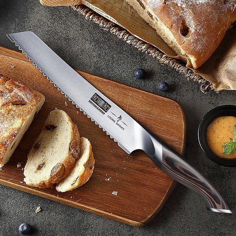 HOSHANHO knife on breakfast board with bread showing reliable everyday slicing benefit