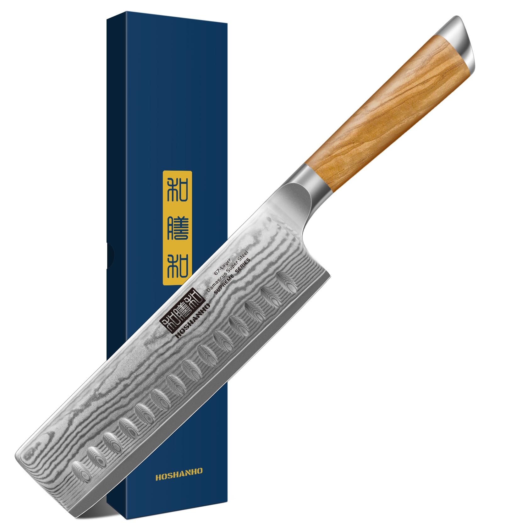 HOSHANHO nakiri front view showing blade and wood handle for precise cuts