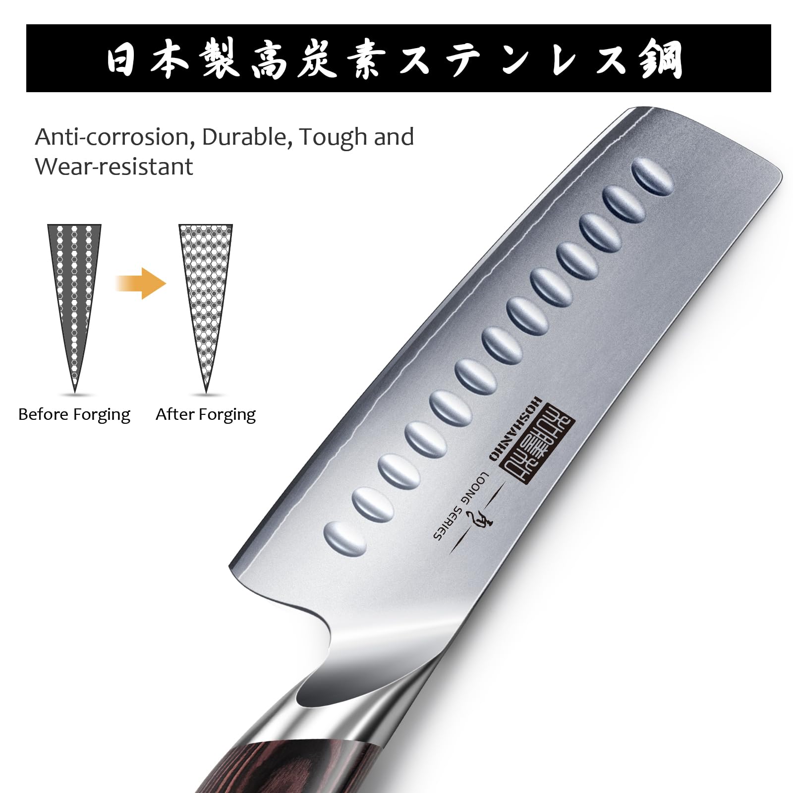 HOSHANHO pakkawood handle grip view showing ergonomic comfort and balanced control