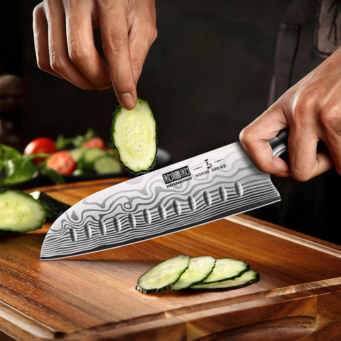 HOSHANHO knives displayed on kitchen wall for scale and style, countertop space-saving benefit