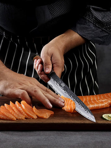 HOSHANHO knife next to ruler for 10-inch scale clarity and sizing confidence