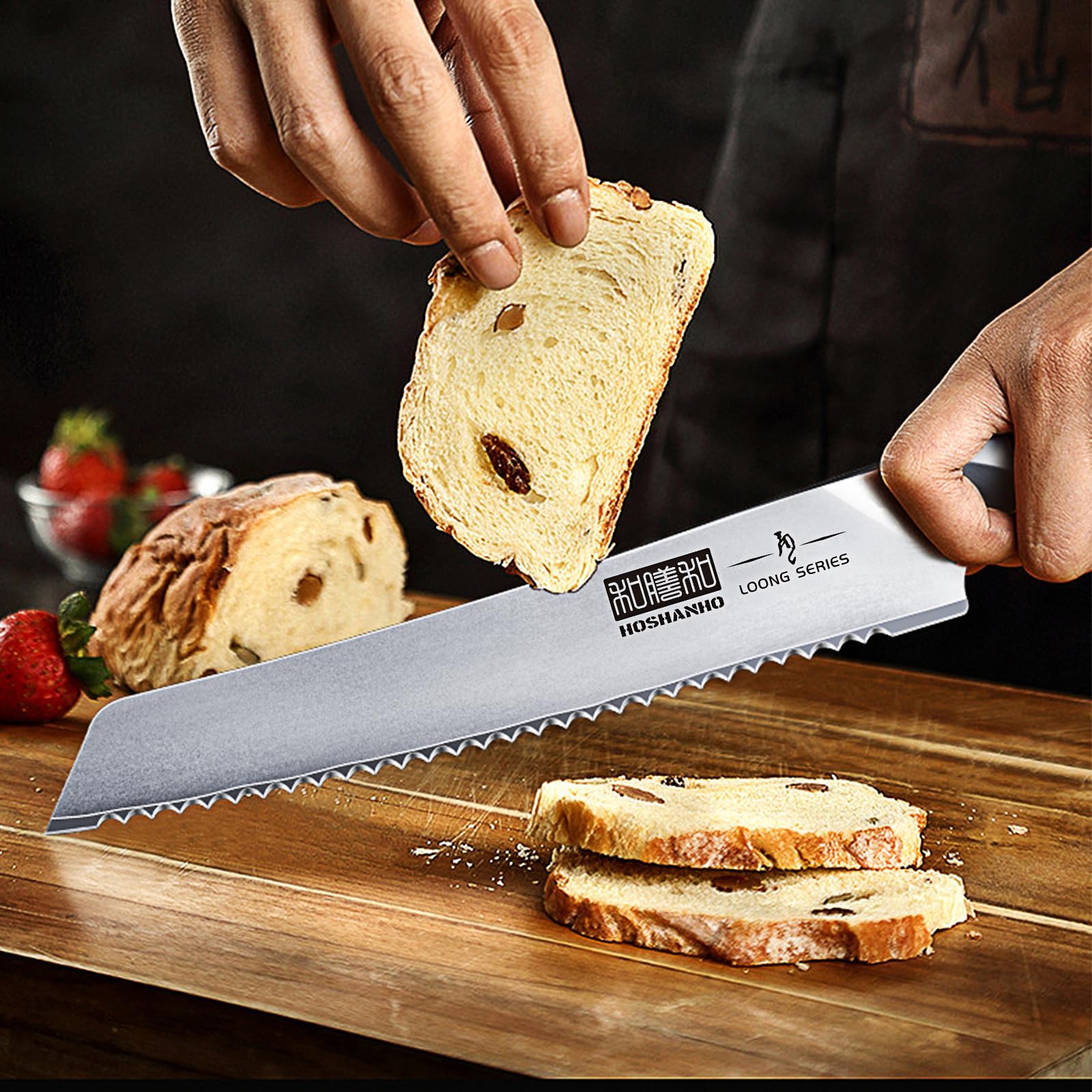 HOSHANHO knife beside ruler for scale showing 8-inch blade practical kitchen size