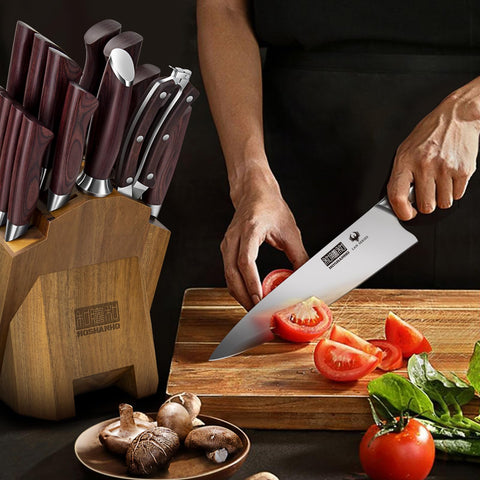 HOSHANHO included sharpener and scissors displayed for quick edge maintenance and cutting tasks