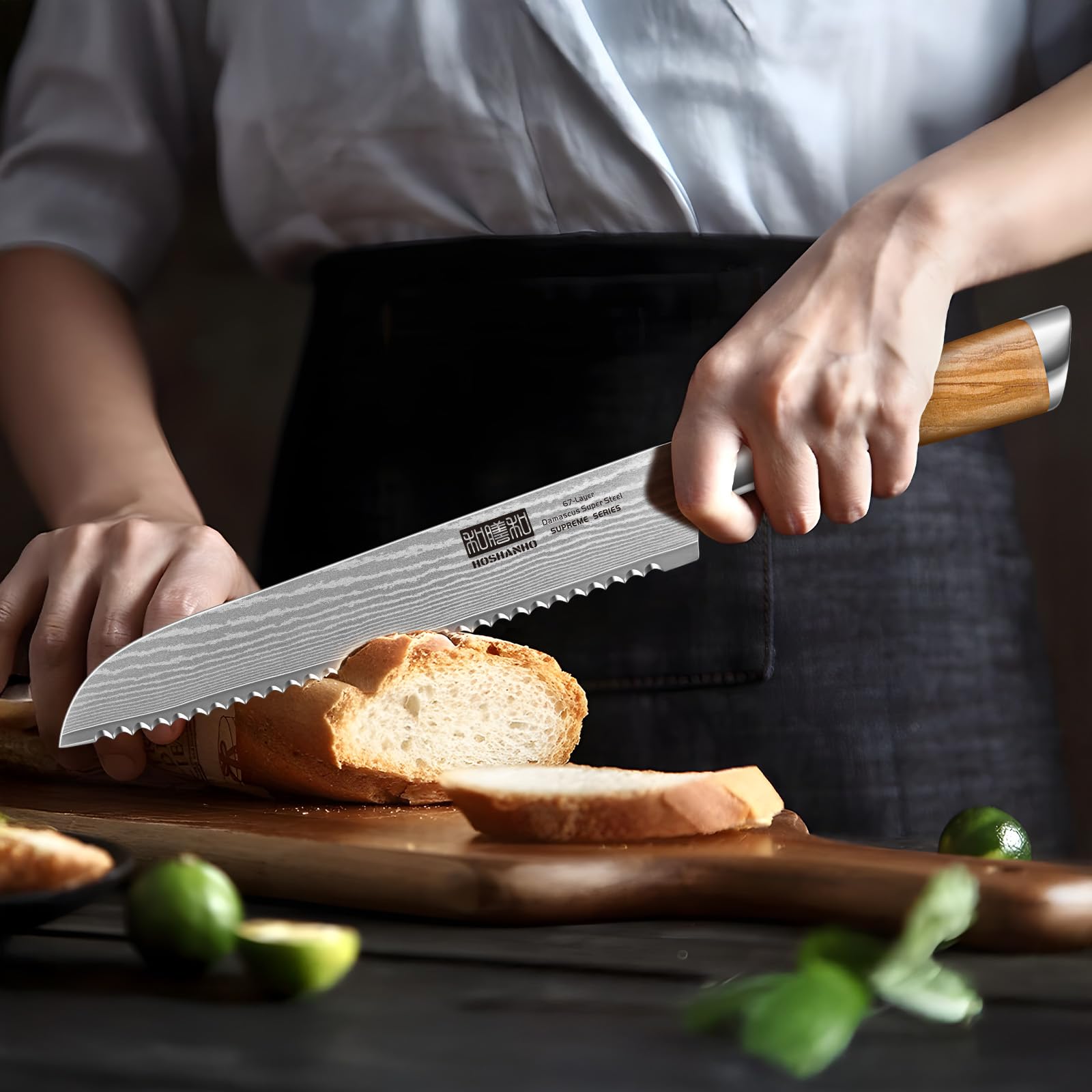 HOSHANHO knife beside a baguette illustrating blade length and scale